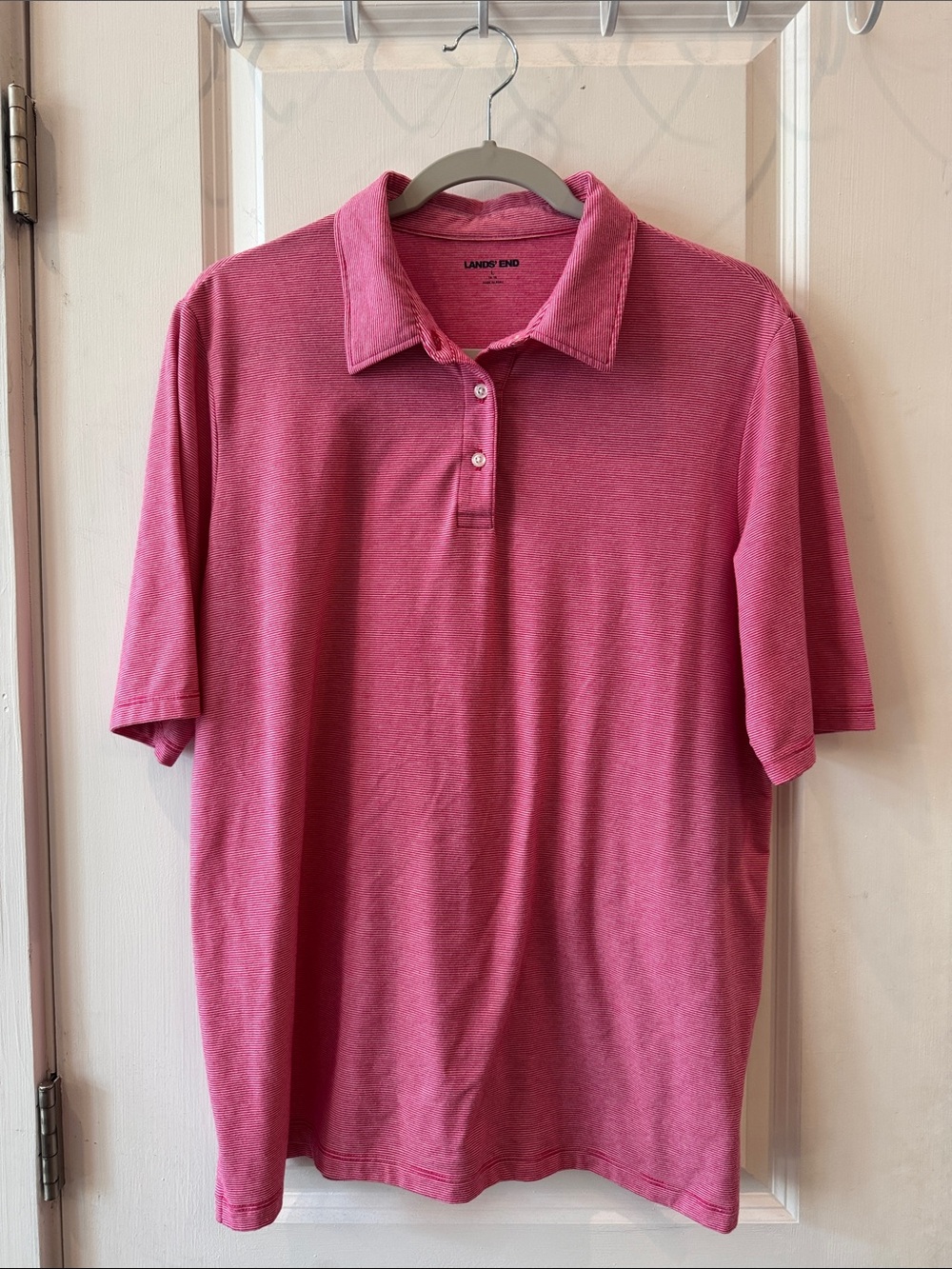 Lands' End Men's Short-Sleeve Soft Polo in Dark Pink / Red Skinny Stripes